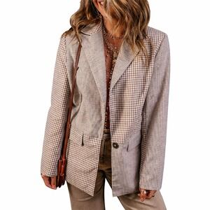 Bagatelle Collection Tan Gingham Patchwork Blazer Linen  Jacket Size M petite